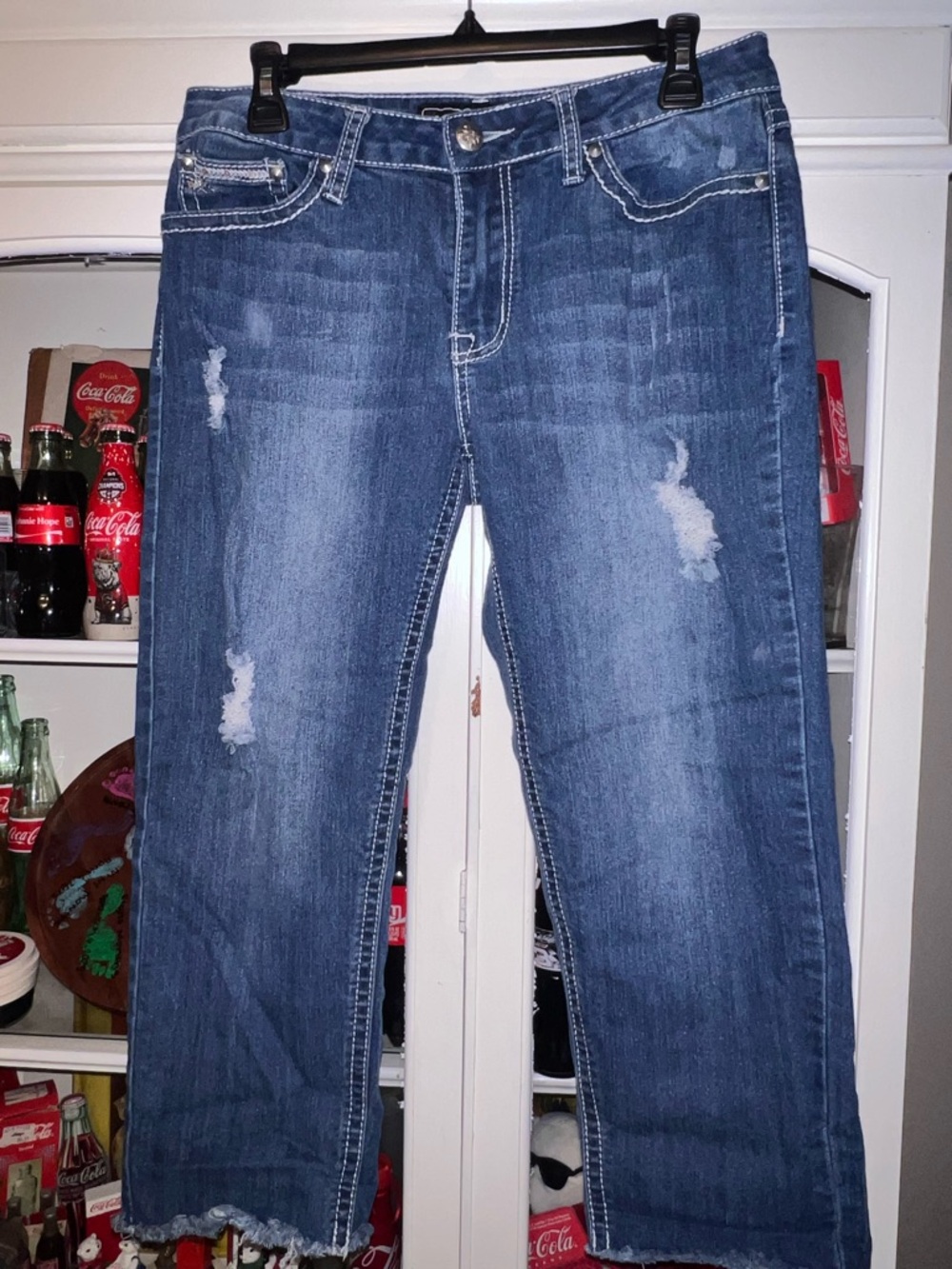 Women's Distressed Blue Denim Jeans - Classic Straight Fit